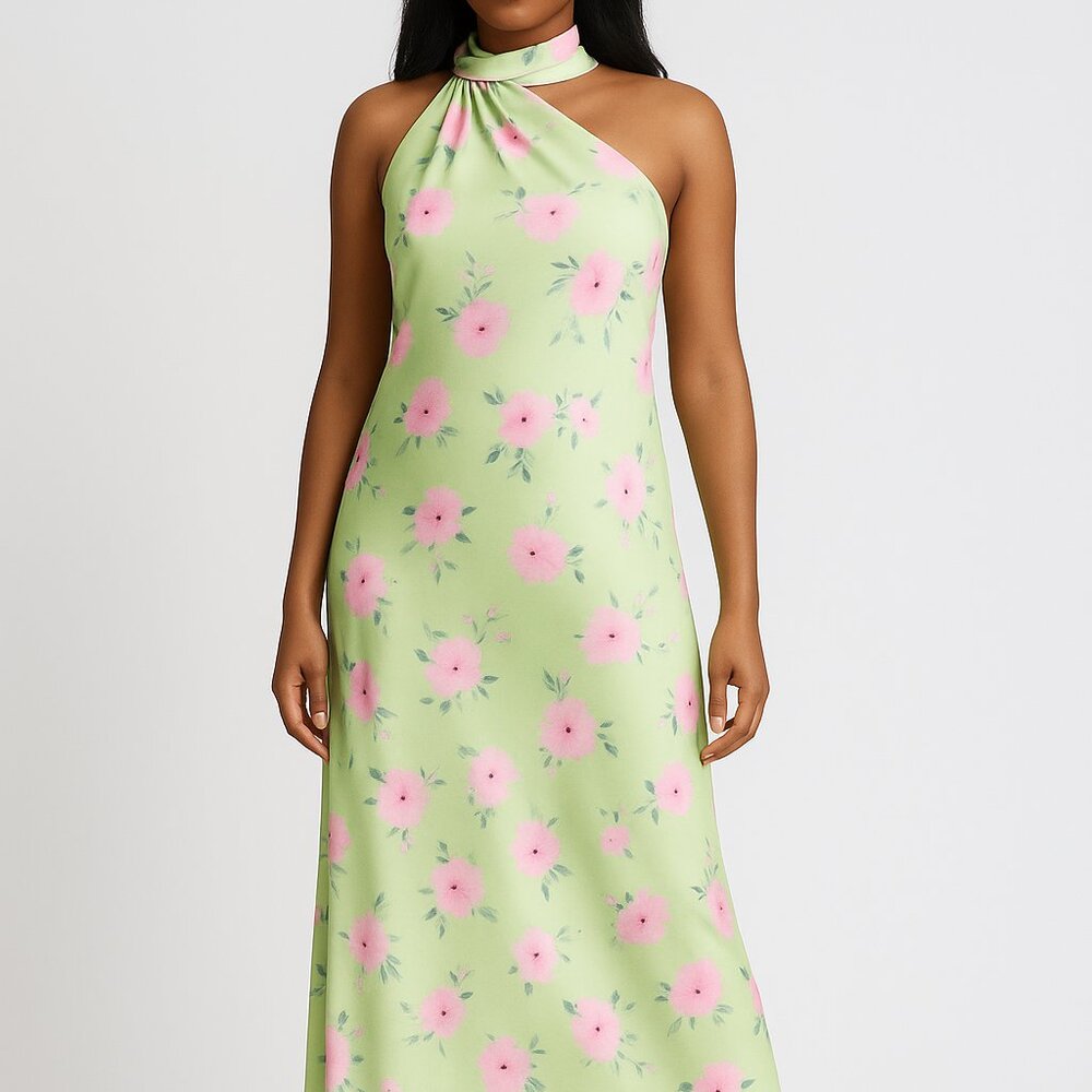 WAYF Avery Floral Gown Green Pink Maxi Dress M